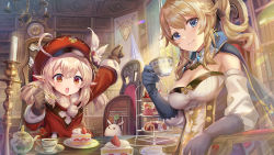Rule 34 | 2girls, arm up, backpack, bag, blonde hair, blue eyes, blue gloves, breasts, brown gloves, cabbie hat, cake, cake slice, chair, cleavage, closed mouth, commentary request, cup, dessert, detached sleeves, dress, elbow gloves, feathers, food, fork, genshin impact, gloves, hair between eyes, hat, hat feather, highres, holding, holding cup, holding fork, indoors, jean (genshin impact), klee (genshin impact), long hair, long sleeves, looking at viewer, medium breasts, multiple girls, on chair, open mouth, plate, puffy long sleeves, puffy sleeves, red dress, red eyes, red headwear, saucer, sitting, sleeves past wrists, smile, strawberry shortcake, sweets, table, tea party, teacup, teeth, tiered tray, torino aqua, twintails, upper teeth only, white feathers, white sleeves