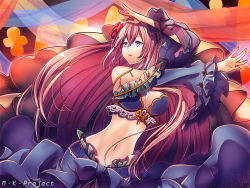 Rule 34 | 1girl, breasts, dancing, flower, frills, hair flower, hair ornament, large breasts, long hair, megurine luka, midriff, navel, parted lips, pink hair, purple eyes, solo, suou sakura, vocaloid