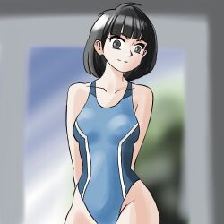 Rule 34 | 1girl, antenna hair, arms behind back, black hair, blue one-piece swimsuit, blurry, blurry background, collarbone, competition swimsuit, grey eyes, highres, one-piece swimsuit, original, pict9370, short hair, solo, standing, swimsuit, two-tone one-piece swimsuit