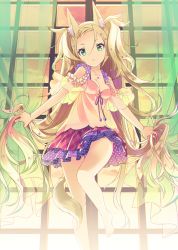 Rule 34 | 1girl, animal ears, bare legs, barefoot, blonde hair, breasts, cleavage, curtains, dress, fox ears, fox tail, green eyes, h2so4, hair ornament, jewelry, long hair, necklace, original, skirt, small breasts, solo, tail, two side up, very long hair