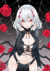 Rule 34 | 1girl, arthropod limbs, black background, breasts, cleavage, cowboy shot, flower, gradient background, groin, hair ornament, highres, large breasts, looking at viewer, navel, open mouth, original, red eyes, red flower, red rose, rose, short hair, solo, spider web background, standing, tousen, virtual youtuber, white hair