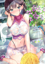 Rule 34 | 1boy, 1girl, absurdres, aqua eyes, bare arms, bare shoulders, black hair, blush, breasts, cheerleader, closed mouth, flower, hair ornament, highres, hose, kneeling, large breasts, long hair, looking at viewer, miniskirt, navel, no bra, ogata tei, original, outdoors, pom pom (cheerleading), purple footwear, see-through, shoes, skirt, solo focus, water, wet, wet clothes, white skirt
