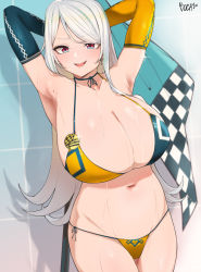 Rule 34 | 1girl, :d, armpits, arms behind head, bikini, black gloves, blue eyes, blush, boca, breasts, cleavage, earrings, elbow gloves, flag, gloves, highres, huge breasts, jewelry, long hair, looking at viewer, mole, multicolored eyes, navel, open mouth, original, race queen, red eyes, smile, solo, swimsuit, white hair, yellow gloves