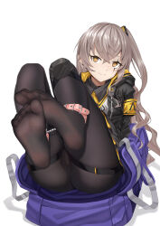 Rule 34 | 1girl, absurdres, armband, bdsm, black pantyhose, bondage, bound, brown hair, cuffs, feet, feet up, girls&#039; frontline, highres, long hair, looking at viewer, one side up, panties, pantyhose, restrained, scar, scar across eye, scar on face, soles, thigh strap, toes, ump45 (girls&#039; frontline), underwear, xo (xo17800108), yellow eyes