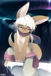 Rule 34 | 1other, animal ears, artist name, blush, body fur, furry, highres, looking down, made in abyss, nanachi (made in abyss), purple scarf, scarf, short hair, snow, solo, tail, tsampikos, white hair, yellow eyes