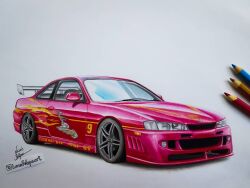 Rule 34 | art tools in frame, artist name, colored pencil, colored pencil (medium), commentary, english commentary, fast & furious, fast &amp; furious, flame print, instagram username, luis felipe, nissan s14 silvia, nissan silvia, no humans, pencil, shadow, spoiler (automobile), the fast and the furious, the fast and the furious 1, traditional media, vehicle focus, white background