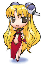 Rule 34 | 00s, 1girl, bare legs, blonde hair, bracelet, bridal gauntlets, brown eyes, chibi, cleavage cutout, clothing cutout, dress, facial mark, forehead mark, galaxy angel, gloves, hair ornament, hairclip, jewelry, long hair, looking at viewer, navel cutout, open mouth, ranpha franboise, red footwear, shoes, side slit, simple background, smile, solo, tagme, very long hair, white background