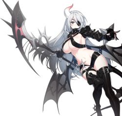 Rule 34 | 1girl, bad id, bad twitter id, black legwear, boots, bracelet, breasts, cleavage, closers, demon tail, eyepatch, gloves, horns, jewelry, large breasts, leg up, levia (closers), long hair, nail polish, official art, partially fingerless gloves, scythe, short shorts, shorts, shrug (clothing), sideboob, silver hair, simple background, single horn, smile, solo, spiked bracelet, spikes, tail, thigh strap, thighs, transparent background, underboob, very long hair, weapon