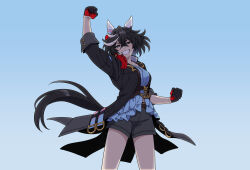 Rule 34 | 1girl, animal ears, arm up, belt, black belt, black gloves, black hair, black jacket, black shorts, blue eyes, blue shirt, blue sky, breasts, clenched hand, cowboy shot, ear covers, gloves, grin, hair between eyes, highres, horse ears, horse girl, horse tail, jacket, katsuragi ace (umamusume), looking at viewer, medium breasts, multicolored hair, open clothes, open jacket, open mouth, oshiri no1, outdoors, red gloves, shirt, shorts, sky, smile, solo, streaked hair, tail, two-tone gloves, umamusume, white hair