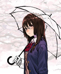 Rule 34 | 1girl, cherry blossoms, glasses, gloves, kahadu (kawazu), original, school uniform, solo, umbrella