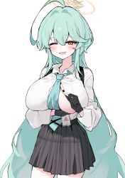 Rule 34 | 1girl, ahoge, black gloves, black skirt, blue archive, blue necktie, blush, breasts, collared shirt, cowboy shot, danbal, gloves, green hair, hair between eyes, halo, highres, huge ahoge, huge breasts, large breasts, long hair, long sleeves, necktie, one eye closed, open mouth, pleated skirt, shirt, simple background, skirt, smile, solo, white background, white shirt, yellow eyes, yellow halo, yume (blue archive)