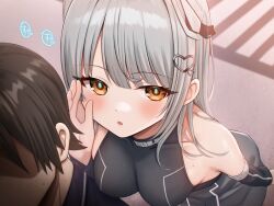 Rule 34 | 1boy, 1girl, :o, asmr, bare shoulders, black dress, black sleeves, blush, breasts, brown eyes, collarbone, commentary request, covered collarbone, detached sleeves, dress, grey hair, hair ornament, headgear, heart, heart hair ornament, highres, hoshimiya aki, long sleeves, medium breasts, official art, original, parted lips, sleeveless, sleeveless dress, solo focus, translation request