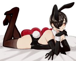 Rule 34 | 1boy, animal ears, black gloves, black hair, black necktie, black thighhighs, blush, brown eyes, closed mouth, commentary, detached collar, elbow gloves, english commentary, fake animal ears, gloves, hair over one eye, hand on own chin, heart, heart-shaped pillow, highres, kurosu jun, looking to the side, lying, male focus, male playboy bunny, necktie, on stomach, persona, persona 2, persona 2 tsumi, pillow, rabbit boy, rabbit ears, rabbit tail, risuko.exe (artist), short hair, solo, tail, the pose, thighhighs, trap, wrist cuffs