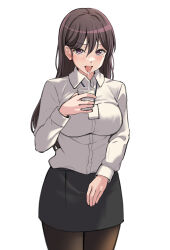 Rule 34 | 1girl, absurdres, bang dream!, bang dream! it&#039;s mygo!!!!!, black hair, black skirt, blush, breasts, brown pantyhose, collared shirt, commentary, cowboy shot, cup, disposable cup, hair behind ear, hair between eyes, hand up, highres, holding, holding cup, id card, lanyard, large breasts, long hair, long sleeves, looking at viewer, miniskirt, mole, mole under eye, office lady, pantyhose, parted lips, pencil skirt, ptal, saliva, saliva trail, shiina taki, shirt, shirt tucked in, simple background, skirt, solo, standing, symbol-only commentary, tongue, tongue out, white background, white shirt