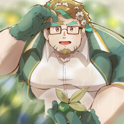 Rule 34 | 1boy, bara, cowboy shot, facial hair, farmer, fat, fat man, flower, glasses, gloves, goatee, green hair, green theme, hair flower, hair ornament, highres, hippolytus (housamo), holding, kaeru333938123, large pectorals, light brown hair, looking at viewer, male focus, multicolored hair, obese, pectorals, plant, potted plant, short hair, sideburns, sideburns stubble, smile, solo, streaked hair, stubble, sweat, sweaty clothes, thick eyebrows, tokyo houkago summoners, two-tone beard, very sweaty