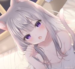 Rule 34 | 1girl, animal ear fluff, animal ears, blunt bangs, blush, breasts, cat ears, cat girl, cat tail, commentary, eyes visible through hair, fang, grey hair, hair censor, hair over breasts, hand up, indoors, leo (mafuyu), long hair, mafuyu (chibi21), off shoulder, open mouth, original, paw pose, purple eyes, romaji text, shirt, small breasts, solo, tail, twitter username, upper body, white shirt