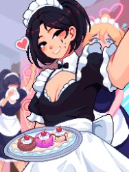 Rule 34 | 3girls, absurdres, black eyes, black hair, blonde hair, blue eyes, blush, breasts, cherry, cleavage, cleavage cutout, clothing cutout, food, fruit, heart, high ponytail, highres, holding, holding tray, long hair, looking at viewer, maid, multiple girls, original, pixel art, short hair, solo focus, tray, yumykon