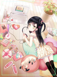 Rule 34 | 1girl, black hair, black thighhighs, blush, book, cake, candy, cat, computer, cookie, dress, drink, female focus, food, green eyes, hair ornament, hairclip, headphones, highres, indoors, computer keyboard, laptop, lollipop, long hair, looking back, lying, original, pillow, plant, side ponytail, slippers, solo, thighhighs, yuuki rika