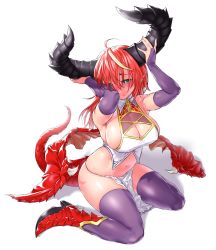 Rule 34 | 1girl, ahoge, bare shoulders, blue eyes, blush, breasts, bridal gauntlets, cleavage, closed mouth, dragon girl, dragon horns, dragon tail, dragon wings, elbow gloves, gloves, green eyes, hands up, high heels, highres, horns, large breasts, long hair, low wings, multicolored hair, navel, onsoku inu, original, pelvic curtain, pointy ears, purple gloves, purple thighhighs, red hair, simple background, sitting, skindentation, solo, streaked hair, tail, thighhighs, wariza, white background, wings