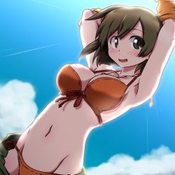 Rule 34 | 1girl, 547th sy, arms up, bikini, blush, breasts, brown eyes, brown hair, cloud, day, highres, hiryuu (kancolle), kantai collection, large breasts, open mouth, orange bikini, outdoors, short hair, sky, solo, swimsuit