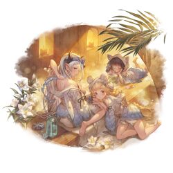 Rule 34 | 3girls, :o, black hair, blonde hair, bottle, cagliostro (granblue fantasy), character request, coconut, drinking straw, drinking straw in mouth, eyepatch, flower, granblue fantasy, harvin, horns, izmir, long hair, looking at viewer, looking back, lunalu (granblue fantasy), lying, medical eyepatch, minaba hideo, multiple girls, official art, on stomach, parted lips, pointy ears, pom pom (clothes), purple eyes, reclining, red eyes, sauna, sitting, steam, transparent background, wariza, white flower, white hair, yokozuwari