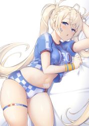 Rule 34 | 1girl, :o, alternate costume, bikini, bikini bottom only, blonde hair, blue eyes, bodypaint, bradamante (fate), bradamante (festival outfit) (fate), braid, breasts, clothes lift, commentary request, crown braid, facepaint, fate/grand order, fate (series), french braid, hair between eyes, jersey, large breasts, logo, long hair, lying, navel, on bed, on side, pinta (ayashii bochi), shirt, shirt lift, short sleeves, skindentation, solo, swimsuit, thigh strap, thighs, towel, underboob, very long hair, white background, wristband