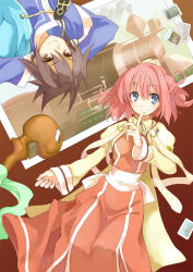 Rule 34 | 1boy, 1girl, arms behind head, blue eyes, brown hair, coat, cover image, finger to mouth, from above, kujibiki yuusha-sama, looking at viewer, lying, novel illustration, official art, overcoat, photo (object), photoshop (medium), pink hair, puffy sleeves, robe, sash, short hair, smile, staff, textless version, ushiki yoshitaka