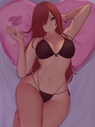 Rule 34 | 1girl, absurdres, arm behind back, bad id, bad pixiv id, bed sheet, bikini, black bikini, breasts, brown eyes, erza scarlet, fairy tail, hair over one eye, heart, heart-shaped pillow, highres, large breasts, legs together, long hair, looking at viewer, lying, navel, on back, on bed, pillow, red hair, smile, solo, swimsuit, thighs, zaki (zaki btw)