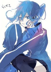 Rule 34 | 1girl, absurdres, black skirt, black thighhighs, blue eyes, blue hair, blue jacket, colored eyelashes, ene (kagerou project), feet out of frame, hair between eyes, high collar, highres, jacket, kagerou project, knees up, long hair, long sleeves, looking at viewer, parted lips, pleated skirt, signature, simple background, skirt, sleeves past fingers, sleeves past wrists, smile, sofra, solo, squatting, thighhighs, track jacket, translation request, twintails, twitter username, white background
