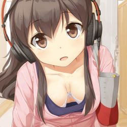 Rule 34 | 10s, 1girl, akagi (kancolle), akai ronii, bag, bra, breasts, brown eyes, brown hair, cleavage, contemporary, downblouse, extended downblouse, handbag, headphones, kantai collection, long hair, looking at viewer, lowres, open mouth, solo, sweatdrop, underwear