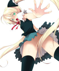Rule 34 | 1girl, ass, bad id, bad pixiv id, blonde hair, blush, censored, colored eyelashes, convenient censoring, fang, from below, green eyes, hair censor, highres, kurokuro, leviathan no sekai, long hair, looking back, no panties, outstretched hand, petticoat, reaching, simple background, skirt, solo, thighhighs, twintails, upskirt, very long hair