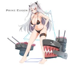 Rule 34 | 1girl, absurdres, azur lane, bare legs, bare shoulders, barefoot, bikini, black bikini, black choker, black ribbon, breasts, cannon, character name, choker, cleavage, collarbone, finger to mouth, flag print, full body, german flag bikini, hair between eyes, hair ribbon, hand on own hip, highres, j yak47, large breasts, long hair, looking at viewer, multicolored hair, navel, orange eyes, prinz eugen (azur lane), prinz eugen (unfading smile) (azur lane), red hair, ribbon, rigging, silver hair, solo, standing, stomach, streaked hair, swimsuit, thigh strap, triangle, turret, two-tone hair, two side up, very long hair, white background