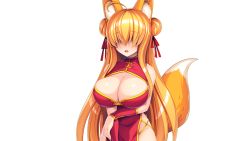 Rule 34 | 1girl, animal ears, blonde hair, breasts, china dress, chinese clothes, cleavage, cleavage cutout, clothing cutout, dress, female focus, fox ears, fox tail, game cg, hair over eyes, large breasts, long hair, mashimo saaya, mekakure, produce! ~uchiki na osananajimi no sugao wo mite mitai!~, open mouth, original, simple background, solo, standing, tail, transparent background, upper body, urute