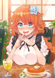 Rule 34 | 1girl, absurdres, black ribbon, blue eyes, blue flower, blush, breasts, cup, drink, drinking glass, drinking straw, elbow rest, flower, food, frills, hair flower, hair ornament, heart, heart-shaped pupils, highres, indoors, large breasts, long braid, long hair, looking at viewer, messy hair, nijisanji, nose blush, open mouth, orange hair, otogibara era, own hands together, pancake, puffy short sleeves, puffy sleeves, ribbon, shirt, short sleeves, sitting, solo, symbol-shaped pupils, tonarikeru, upper body, virtual youtuber, white shirt
