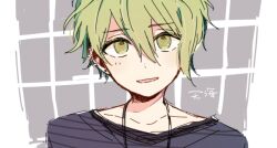 Rule 34 | 1boy, 4 (nakajima4423), amami rantaro, blue shirt, character name, collarbone, commentary request, danganronpa (series), danganronpa v3: killing harmony, ear piercing, eyelashes, green eyes, green hair, grey background, hair between eyes, jewelry, looking at viewer, male focus, open mouth, pendant, piercing, shirt, short hair, simple background, sketch, smile, solo, striped clothes, striped shirt, two-tone background, upper body, white background