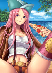 Rule 34 | 1girl, beach, blue eyes, breasts, cleavage, cloud, day, food, fur jacket, hat, highres, jacket, jewelry bonney, large breasts, lipstick, long hair, looking at viewer, makeup, midriff, nail polish, navel, ocean, one piece, open clothes, open jacket, patterned legwear, piercing, pink hair, pink lips, pink nails, pizza, purple eyes, shirt, short shorts, shorts, smile, solo, spread legs, striped clothes, striped shorts, suspenders, taut clothes, taut shirt, thighhighs, vertical stripes, water, yumiyokiak