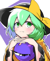 Rule 34 | 1girl, blush, bow, eyeball, frilled sleeves, frills, gozen (gozen0707), green eyes, green hair, hat, hat bow, hat ribbon, heart, heart of string, highres, komeiji koishi, long sleeves, looking at viewer, one-hour drawing challenge, relaxing, ribbon, shirt, short hair, simple background, smirk, solo, string, third eye, touhou, upper body, wide sleeves, yellow bow, yellow shirt