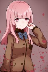 Rule 34 | &gt;:), 10s, 1girl, amari misao, blazer, blue bow, blunt bangs, bow, brown jacket, fate/extra, fate (series), highres, hime cut, jacket, long hair, long sleeves, looking at viewer, mole, mole under mouth, petals, pink eyes, pink hair, solo, straight hair, takae (poupee en biscuit)