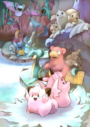 Rule 34 | animal focus, articuno, conductor baton, blonde hair, cave, clefable, clefairy, closed eyes, creatures (company), dewgong, fang, fangs, game freak, gen 1 pokemon, golbat, head wings, highres, holding, ice, jynx, lapras, legendary pokemon, nintendo, no humans, nostrils, open mouth, pokemon, pokemon (creature), seel, sheet music, slowbro, sparkle, stalactite, stalagmite, thick lips, toneko, tongue, tongue out, wartortle, water, wings, zubat