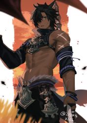 Rule 34 | 1boy, abs, animal ears, arm at side, warrior of light (ff14), bad id, bad pixiv id, bara, black hair, black pants, blurry, blurry foreground, cat boy, cat ears, commentary request, cowboy shot, cross scar, dark-skinned male, dark skin, evening, facial scar, final fantasy, final fantasy xiv, green eyes, hair over one eye, hand up, holding, looking at viewer, male focus, miqo&#039;te, mn (zig r14), muscular, muscular male, navel, one eye covered, open mouth, orange background, pants, pectorals, scar, scar on arm, scar on cheek, scar on face, short hair, sidepec, single sleeve, solo, spiked hair, twitter username, underpec