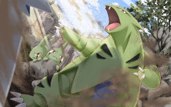 Rule 34 | bright pupils, brown eyes, claws, closed mouth, cloud, commentary, creatures (company), day, duraludon, fangs, game freak, gen 2 pokemon, gen 8 pokemon, larvitar, nintendo, no humans, open mouth, outdoors, pokemon, pokemon (creature), sand, sky, standing, tongue, tree, tyranitar, white pupils, yuro (mangasukinoyuro)