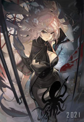 Rule 34 | 1girl, arknights, arm behind head, bare shoulders, black dress, breasts, cleavage, commentary request, dated, dress, grey eyes, head tilt, highres, large breasts, long hair, looking at viewer, rabbit (tukenitian), silver hair, skadi (arknights), solo, standing, thighs, very long hair, white headwear