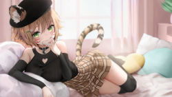Rule 34 | 1girl, animal ears, bare shoulders, black choker, black hat, black sweater, black thighhighs, breasts, brown hair, brown skirt, choker, chrysa ( sa0ru), clothing cutout, commentary request, curtains, detached sleeves, ears through headwear, eating, facial mark, food, full body, green eyes, hair between eyes, hair ornament, hat, heart, heart-shaped pillow, heart cutout, highres, holding, holding food, indoors, large breasts, long sleeves, looking at viewer, lying, no shoes, on side, original, pillow, plaid, plaid skirt, short hair, skirt, sleeveless, sleeveless sweater, solo, sweater, tail, thighhighs, tiger ears, tiger girl, tiger tail, whisker markings, window