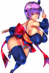 Rule 34 | 1girl, absurdres, ayane (doa), bare shoulders, blue thighhighs, breasts, cleavage, closed mouth, commentary, dead or alive, dead or alive 2, highleg, highleg panties, highres, huge breasts, japanese clothes, judge (oekaki), large breasts, leg up, looking at viewer, ninja, panties, purple hair, purple thighhighs, red eyes, revealing clothes, short hair, simple background, skirt, sleeveless, solo, thighhighs, thighs, underwear, white background, white panties