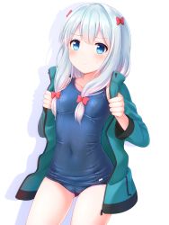 Rule 34 | 10s, 1girl, 3:, blue eyes, blue hair, blue one-piece swimsuit, blush, bow, closed mouth, commentary request, covered navel, cowboy shot, eromanga sensei, faubynet, hair bow, highres, izumi sagiri, jacket, long hair, looking at viewer, one-piece swimsuit, open clothes, open jacket, pink bow, revision, school swimsuit, shadow, simple background, solo, sweatdrop, swimsuit, swimsuit under clothes, white background