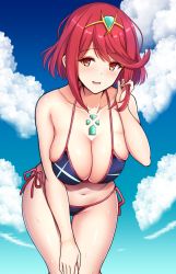 Rule 34 | 1girl, bikini, black bikini, blush, breasts, choker, cleavage, cloud, collarbone, day, earrings, feet out of frame, female focus, gluteal fold, hand on own ass, hand on own knee, hanging breasts, jewelry, large breasts, long hair, looking at viewer, matching hair/eyes, nintendo, noeomi, open mouth, pyra (xenoblade), red eyes, red hair, short hair, side-tie bikini bottom, skindentation, sky, smile, solo, swimsuit, thighs, tiara, wet, xenoblade chronicles (series), xenoblade chronicles 2