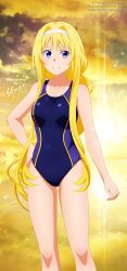 Rule 34 | 1girl, alice zuberg, bare arms, bare legs, bare shoulders, blonde hair, blue eyes, blue one-piece swimsuit, blush, braid, breasts, collarbone, competition swimsuit, hair ornament, highres, large breasts, long hair, one-piece swimsuit, shugo19, signature, smile, swimsuit, sword art online, sword art online: alicization, very long hair