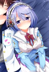 Rule 34 | 1boy, 1girl, :&lt;, back bow, blue hair, bow, brooch, brown hair, closed mouth, couple, dress, closed eyes, flower knight girl, hair between eyes, hair ornament, hairband, heart, hetero, highres, ipheion (flower knight girl), jacket, jewelry, no nose, purple bow, purple eyes, red bow, shironeko haru, short hair, smile, spoken heart, upper body, v arms, white jacket