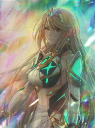 Rule 34 | 1girl, bare shoulders, blonde hair, breasts, chest jewel, dress, earrings, elbow gloves, gloves, jewelry, large breasts, lips, long hair, mythra (massive melee) (xenoblade), mythra (xenoblade), smile, stephanie sybydlo, swept bangs, tiara, twitter username, very long hair, white dress, white gloves, xenoblade chronicles (series), xenoblade chronicles 2, yellow eyes