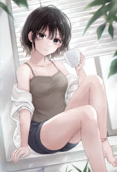 Rule 34 | 1girl, barefoot, black hair, black shorts, brown camisole, camisole, closed mouth, collarbone, commentary request, cup, highres, holding, holding cup, looking at viewer, original, purple eyes, shirt, short hair, shorts, sitting, smile, solo, thighs, tsumugi 8345, white shirt